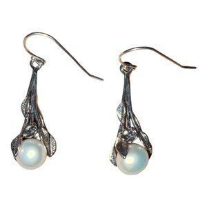 Noa Zuman Earrings Sterling Silver 925 Israel Leaves Flower Pearl Dangle